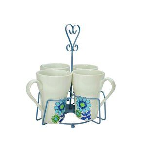Vintage Blue 5 pc FLOWER POWER Vintage 1970s Tea/Coffee Set, Cups Japan